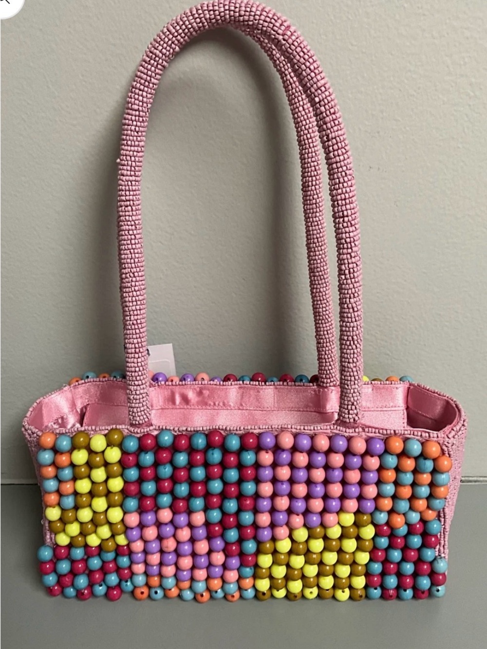 Pink Beaded Handle Tote Bag - Colorful Multi-Bead Design Gumdrop Bag